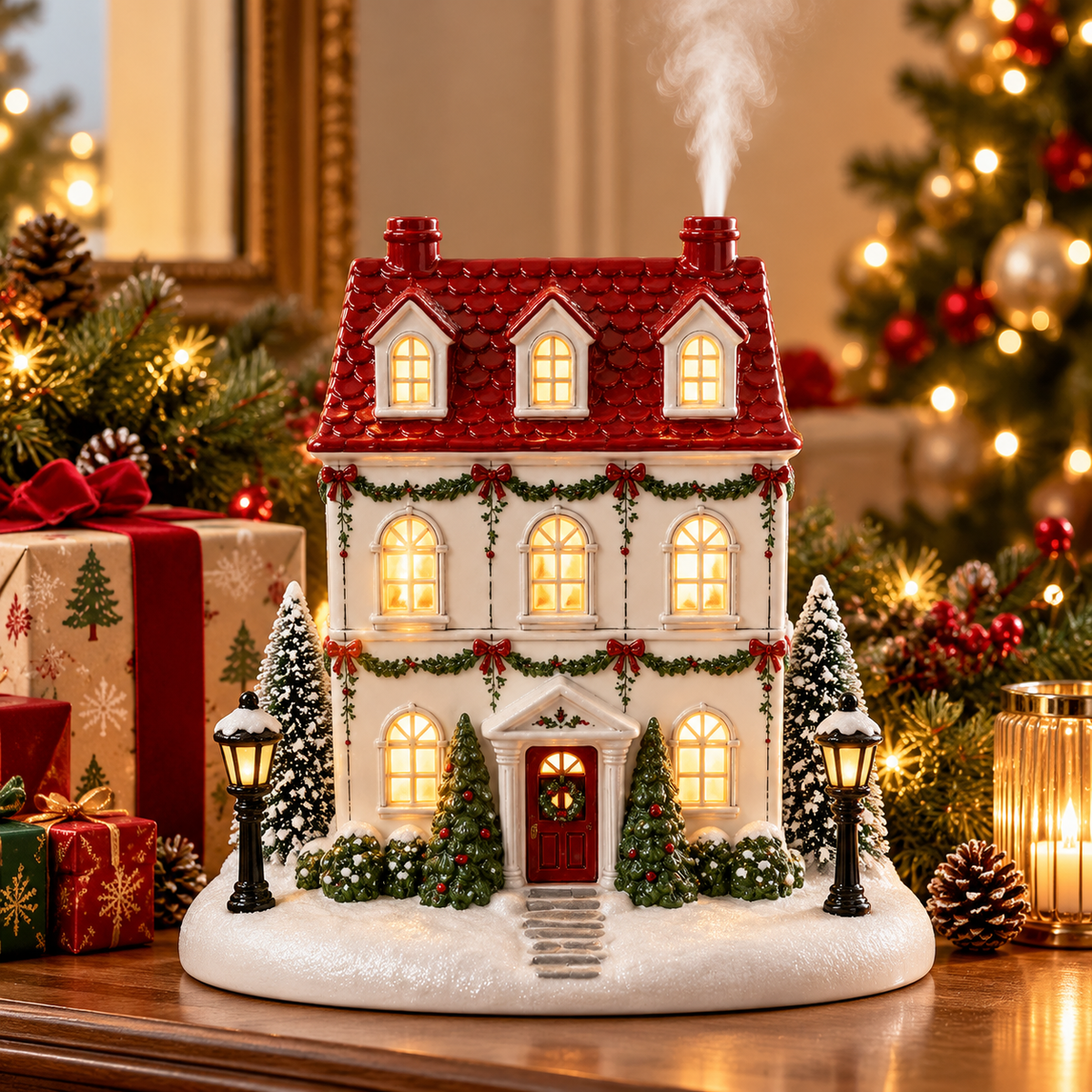 Three-story Christmas townhouse diffuser with garlands, lit windows and lampposts