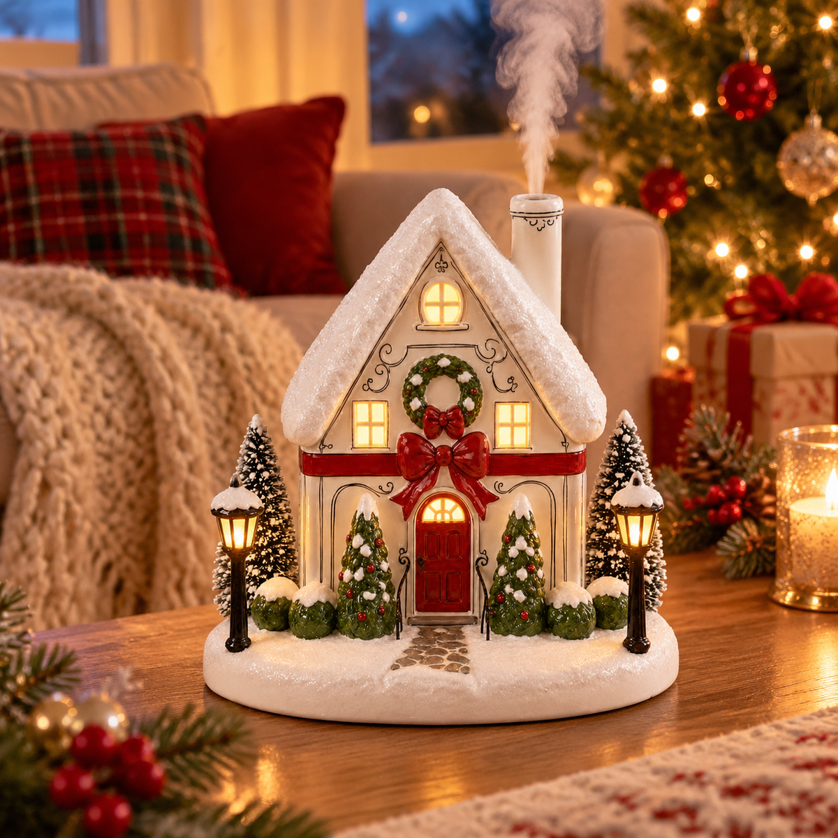 Snow-roof cottage diffuser glowing on a cozy living room table beside a Christmas tree