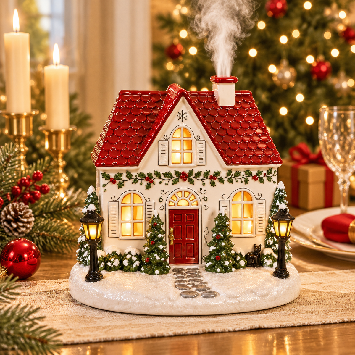 Christmas village house aroma diffuser with glowing windows and mist rising from the chimney