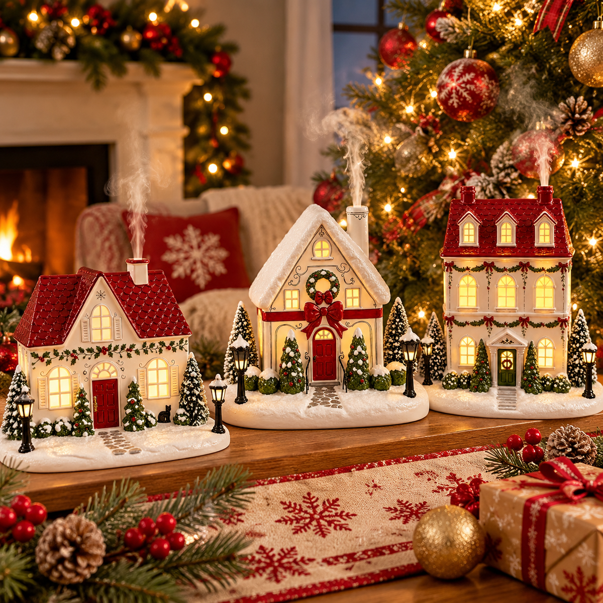 Lighted Christmas village house diffusers displayed together in front of a Christmas tree