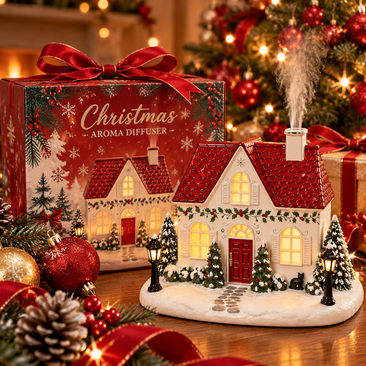 Christmas house aroma diffuser shown with its festive keepsake gift box
