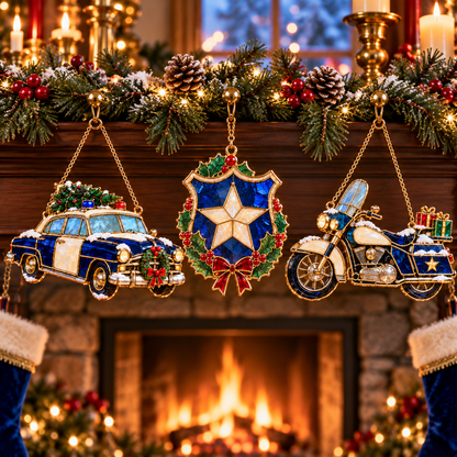 ✨ 2026 Police Christmas Ornaments – Set of 6 | Vintage Stained Glass Police Car, K9 Dog, Motorcycle & Badge Hanging Decorations | Law Enforcement Christmas Tree Ornaments & Gifts for Police Officers
